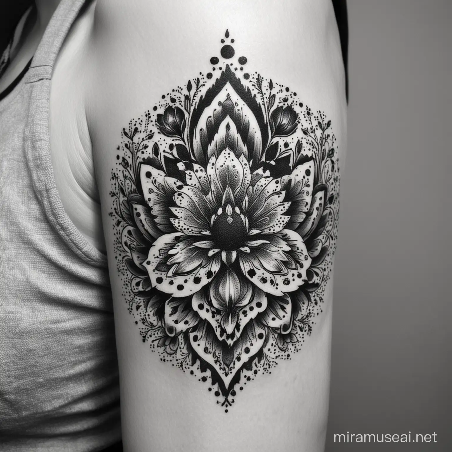 Traditional Hungarian Dotwork Kalocsai Tattoo in Black and White