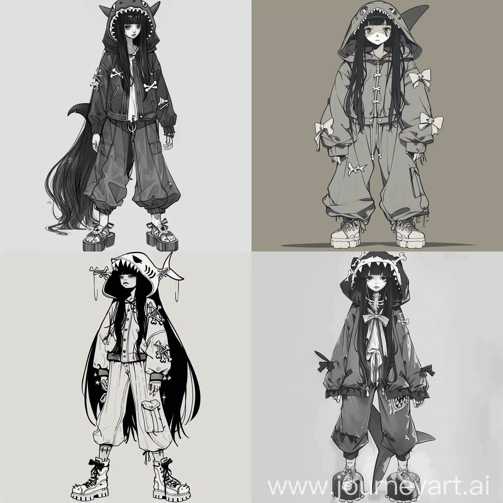 girl, long black hair, jacket with a hood in the shape of a shark's mouth, loose-fitting pants, decoration in the form of bones on the head, small bows on the sleeves of clothes, chunky platform shoes, full length 