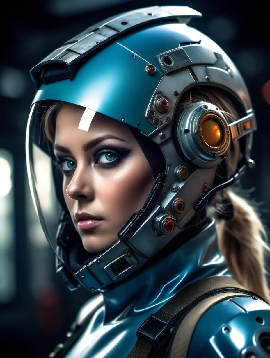 Beautiful Nordic woman, very attractive face, detailed eyes, big breasts, dark eye shadow, dressed in a futuristic colored flight suit, wearing a closed helmet with visor covered face, close up, soft light on face, rim lighting, facing away from camera, looking back over her shoulder, standing in front of a giant robot, photorealistic, very high detail, extra wide photo, full body photo, aerial photo