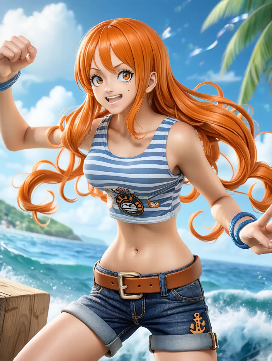 (cinematic lighting), Beautiful anime girl in Nami from "One Piece" cosplay, in a dynamic pose, with her iconic orange hair flowing in the wind. Envision her wearing her signature blue and white striped tank top, paired with denim shorts and brown sandals, Place her against a backdrop that hints at the grand sea adventures of "One Piece," with a glimpse of the Thousand Sunny or a nautical setting. Create a visually engaging portrayal that embodies Nami's strength, intricate details, detailed face, detailed eyes, hyper realistic photography,--v 5, unreal engine,