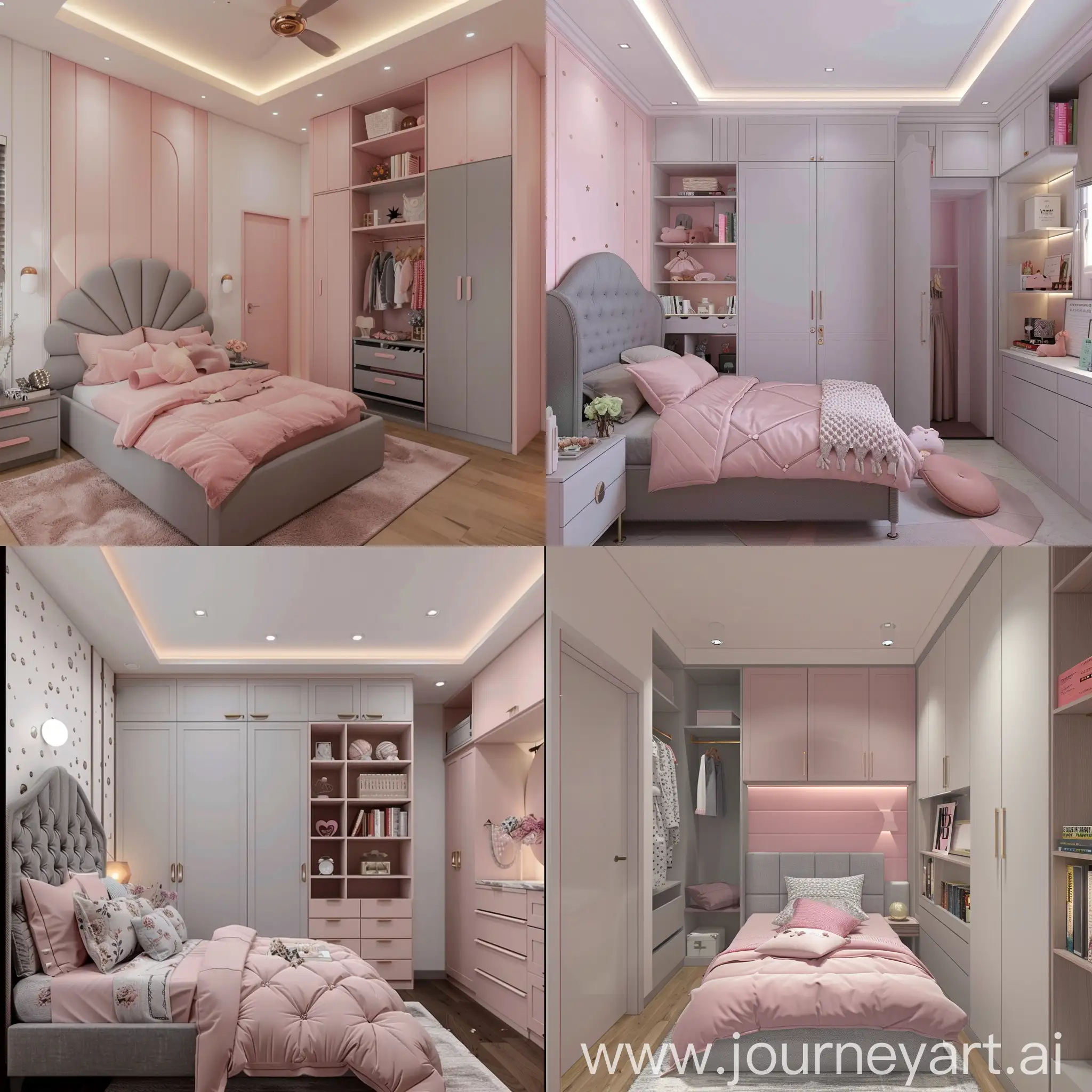 15ft long and 8ft wide bedroom for girls in light pink scheme color palette with grey furniture. bedroom consist of a bed besides room entrance door, bed back wall will be design in wall bedding roman theme. wardrobe will be place opposite to bed and dressing unit with book shelf in front of the wardrobe. ceiling and wall will be white, bed back wall will be in pink color palette scheme 