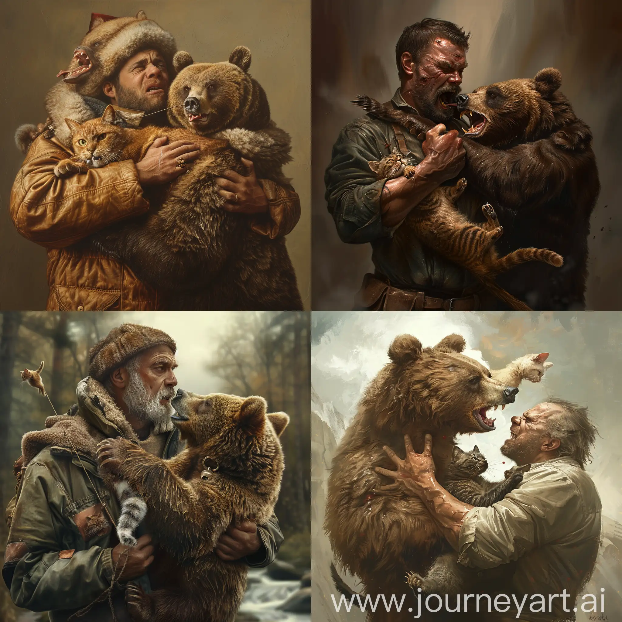 Realistic-Portrait-of-a-Man-Holding-a-Cat-Biting-a-Bear