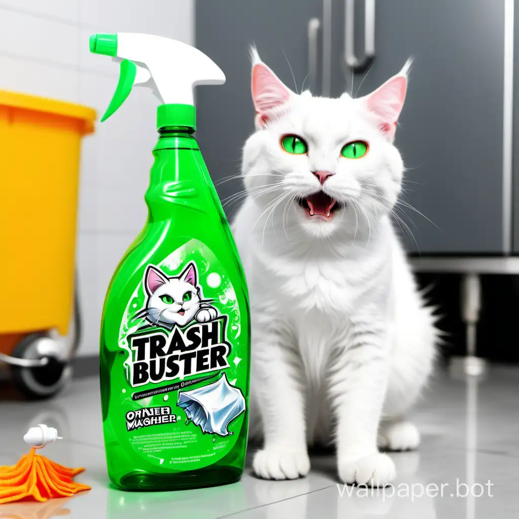 TRASH BUSTER Cleaner Odoner, green bottle, white trigger, background Septohim, on the background white Magical Cat, washes pee after itself