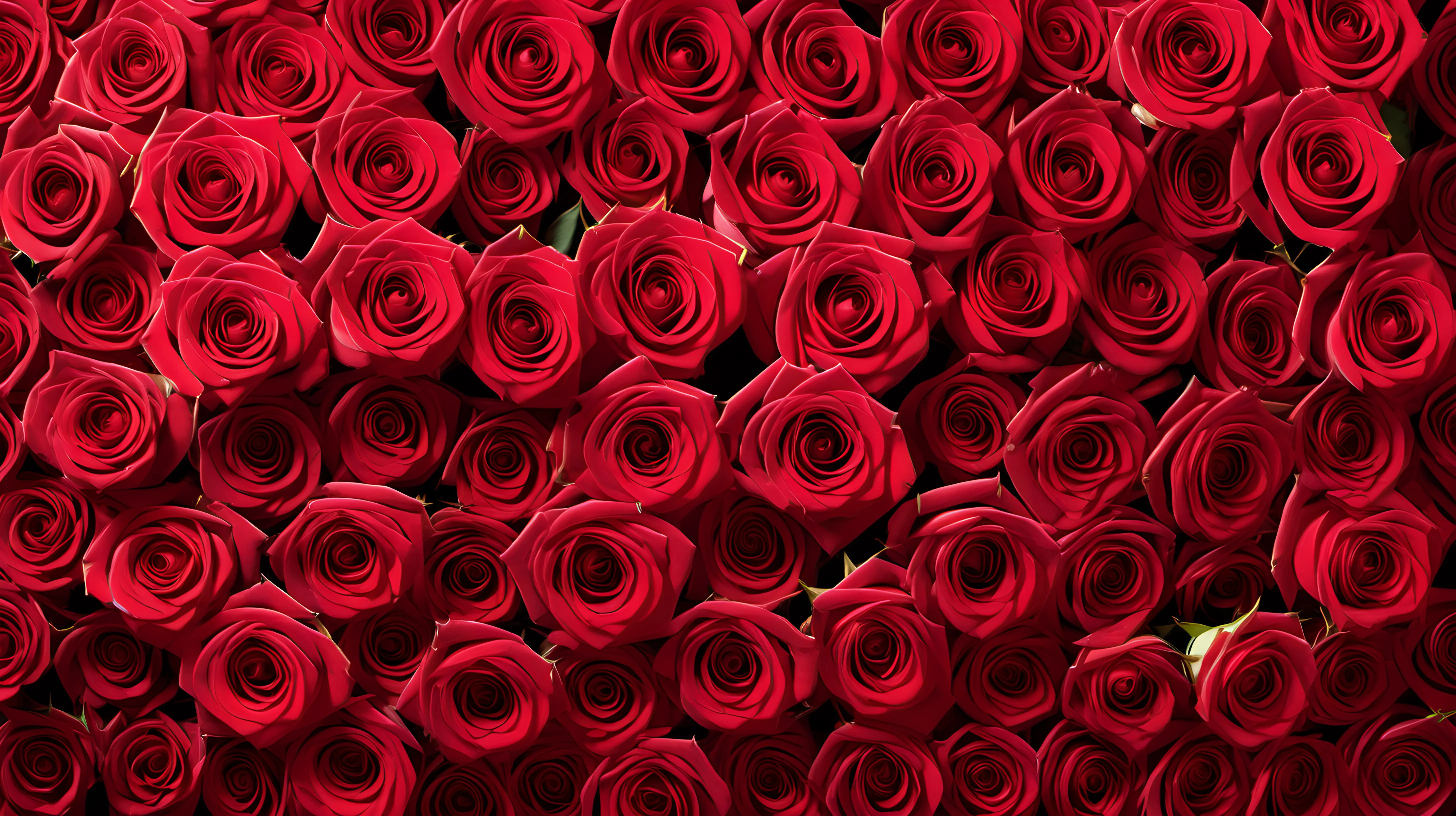 Create an image of lots of roses flowers on their stems in multiple colours, red in ratio 16:9 —fill the frame