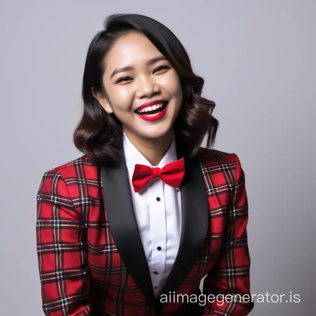 smiling and laughing Pinoy woman with shoulder-length hair wearing a red and black plaid tuxedo, wearing a white shirt, wearing a red bow tie, wearing lipstick