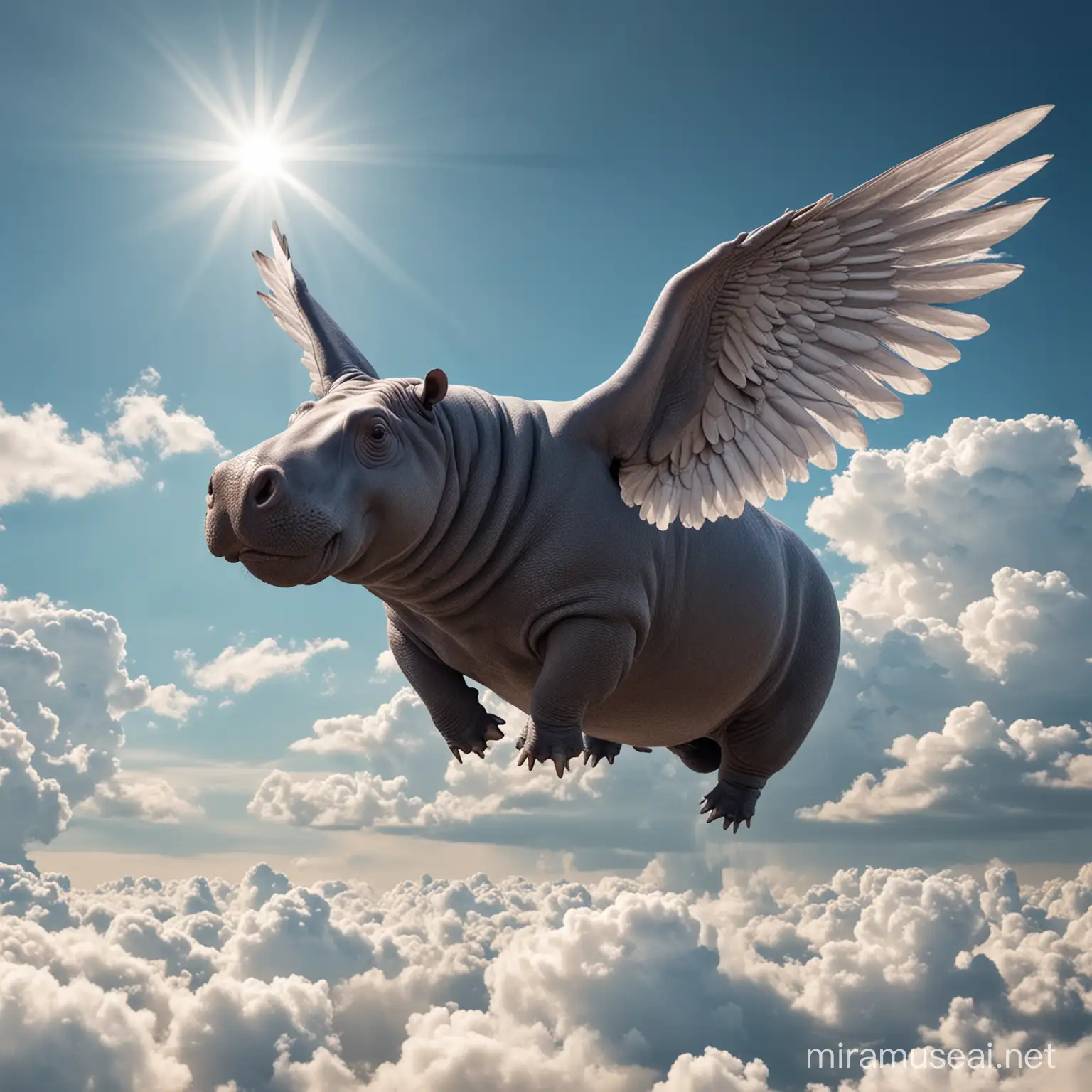 Flying Hippopotamus with Majestic Wings Soaring in the Sky