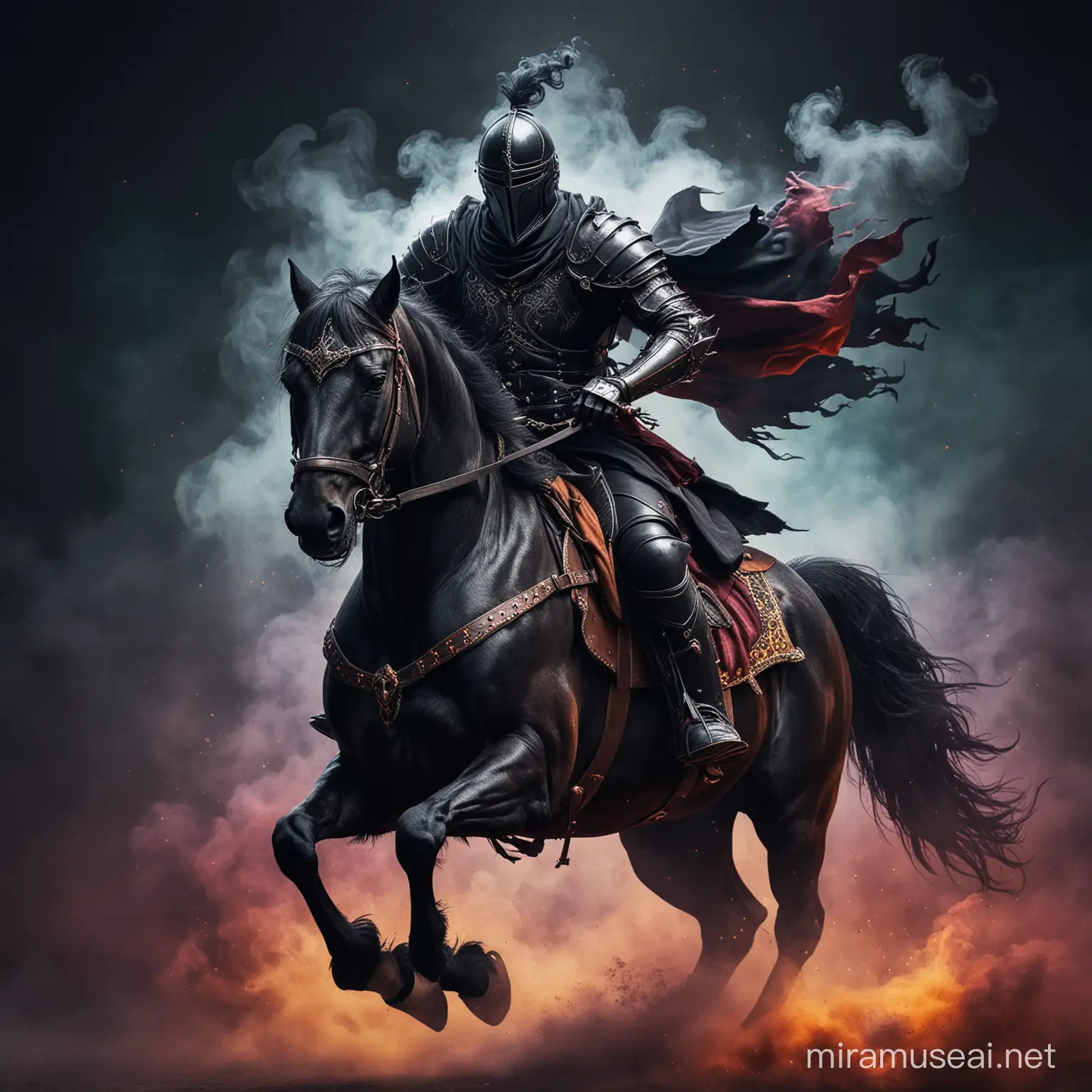 A black evil knight, dark colorful background, smoke, riding a horse