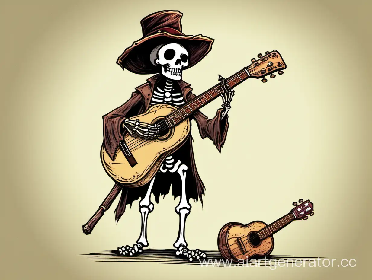 Enchanting-Skeleton-Bard-in-Tattered-Rags-with-CartoonStyle-Hat-and-Guitar