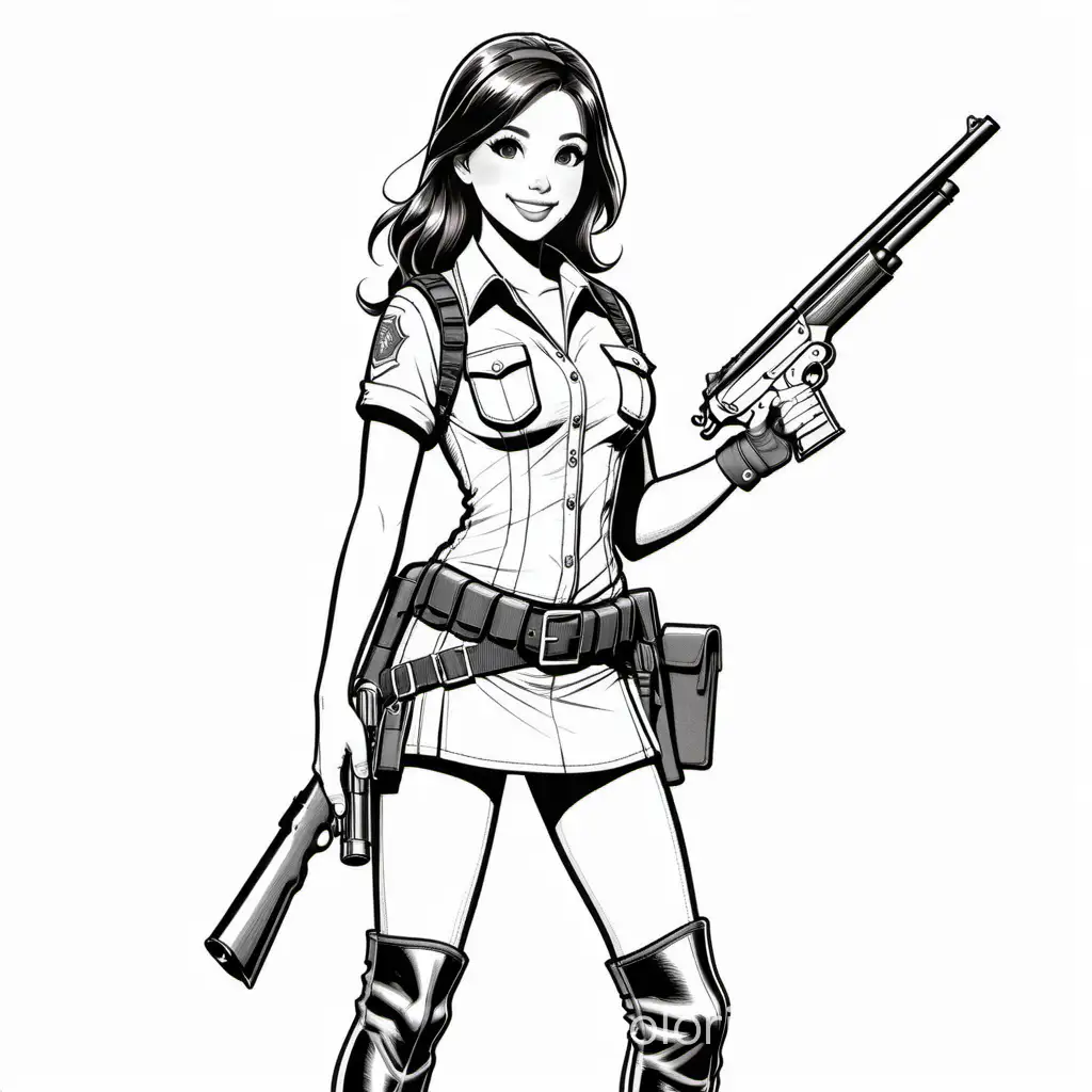 tall, attractive, female, dark hair, shoulder length, low cut top, cross chest ammo bandolier, short skirt, pistol belt, combat boots, holding double barrel shotgun, at ready position, smiling, Coloring Page, black and white, line art, white background, Simplicity, Ample White Space. The background of the coloring page is plain white to make it easy for young children to color within the lines. The outlines of all the subjects are easy to distinguish, making it simple for kids to color without too much difficulty