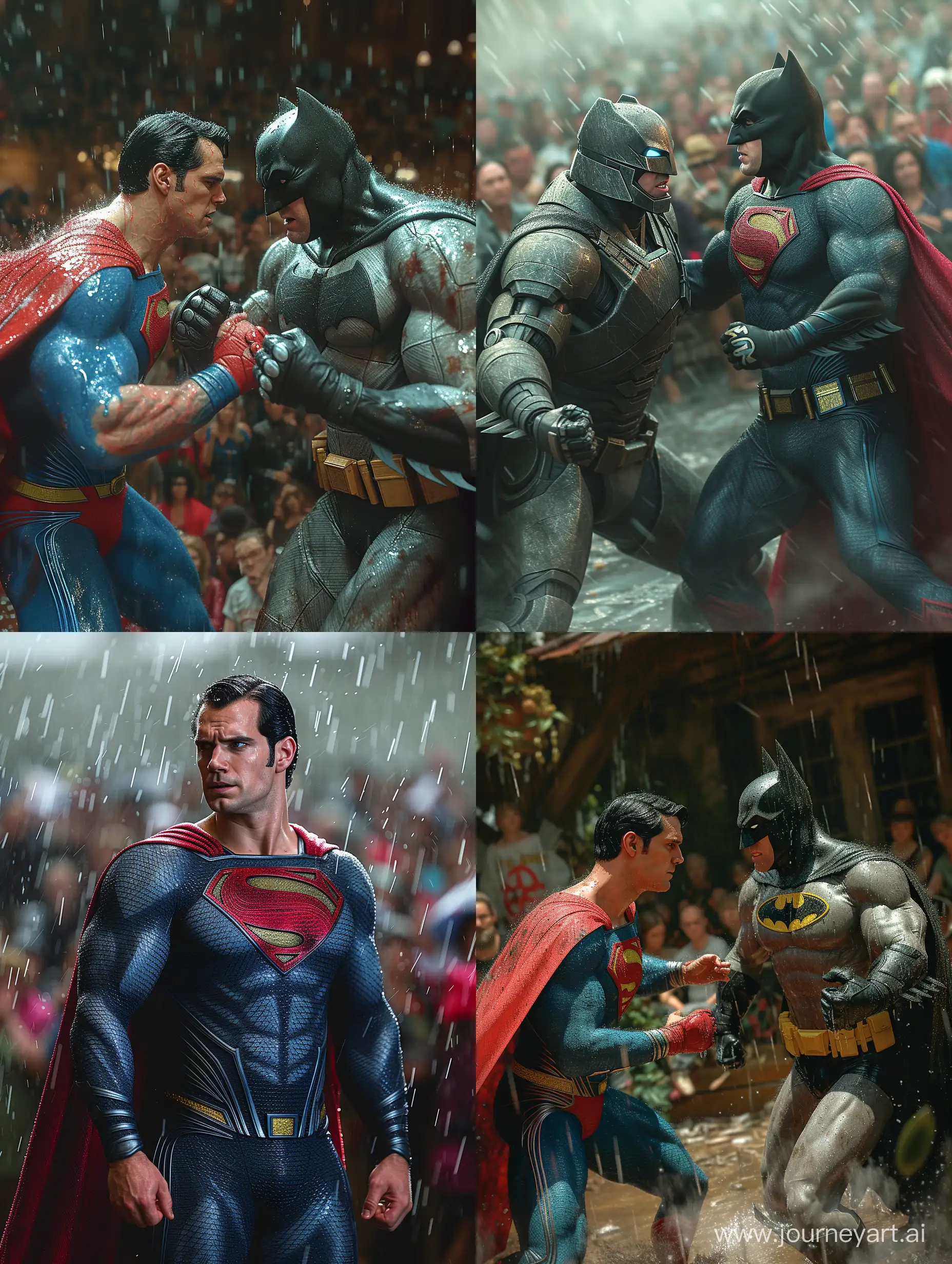 A realistic picture of Super-Man and batman playing wrestling in the rain, in front of an audience watching the match, with blur in the background, accuracy, focus, and very fine details on fabrics, skin, and skin --stylize 750 --v 6