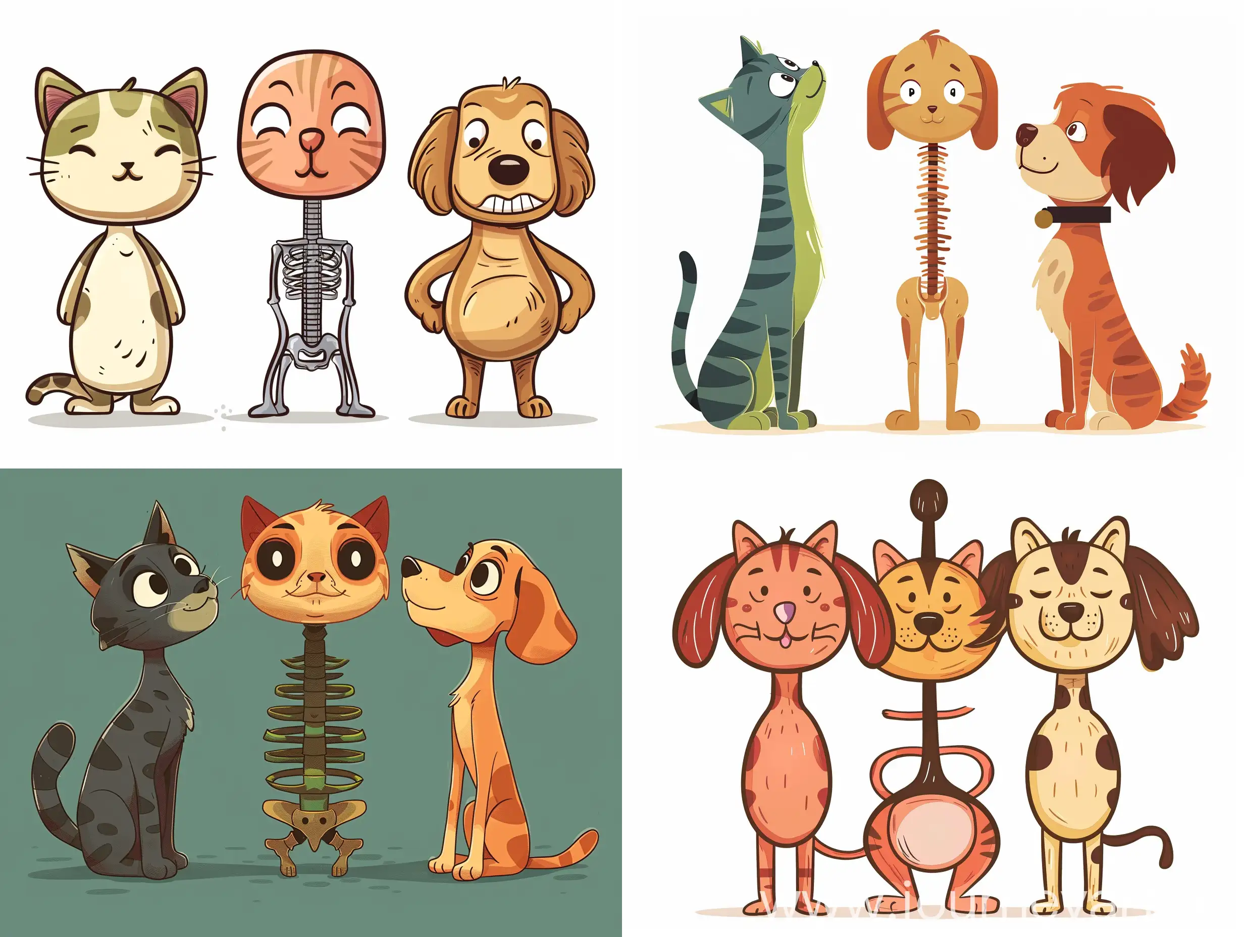 we have (1 cartoon cat head) and (1 cartoon dog head) and (1 elongated torso with 4 legs), (1 cartoon cat head) ((connect)) (1 torso) with ((1 cartoon dog head)), between the cat's head and the dog's head 1 cartoon torso