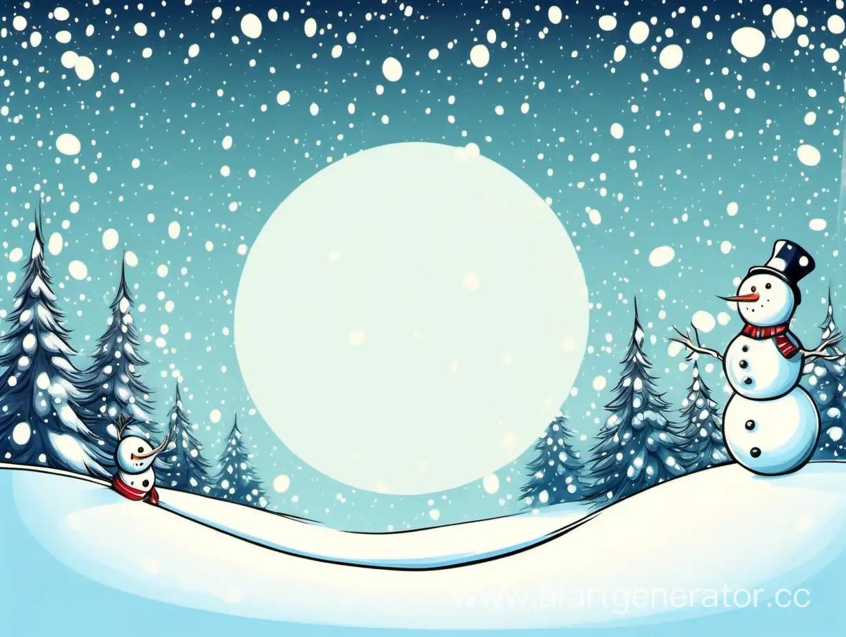 нарисуй снежный новогодний фон милый с елкой со снеговиком веселый просторный с пустым местом 
