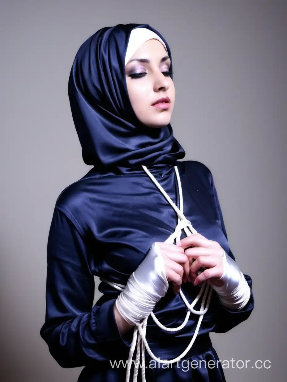 Девушка, атласный хиджаб, shibari, bondage