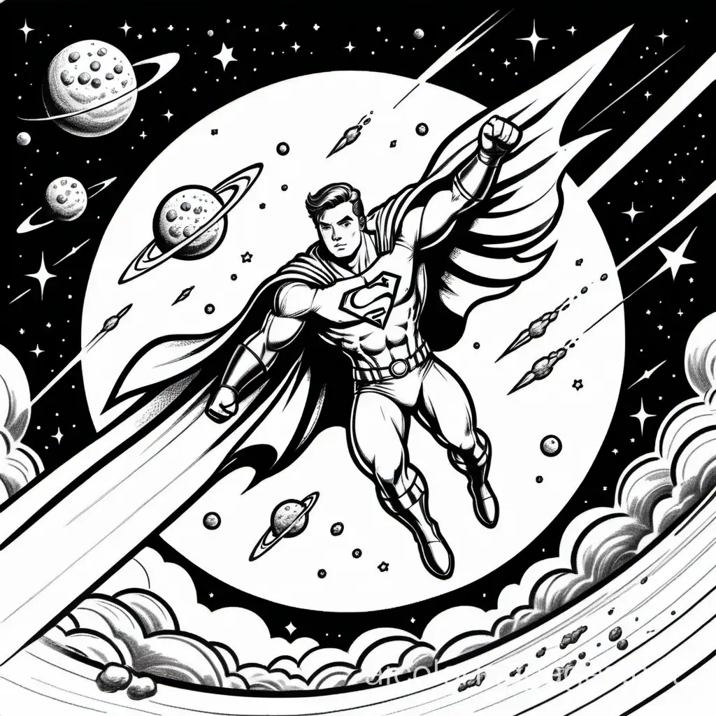 a superhero in space saving the world from meteorites, Coloring Page, black and white, line art, white background, Simplicity, Ample White Space. The background of the coloring page is plain white to make it easy for young children to color within the lines. The outlines of all the subjects are easy to distinguish, making it simple for kids to color without too much difficulty