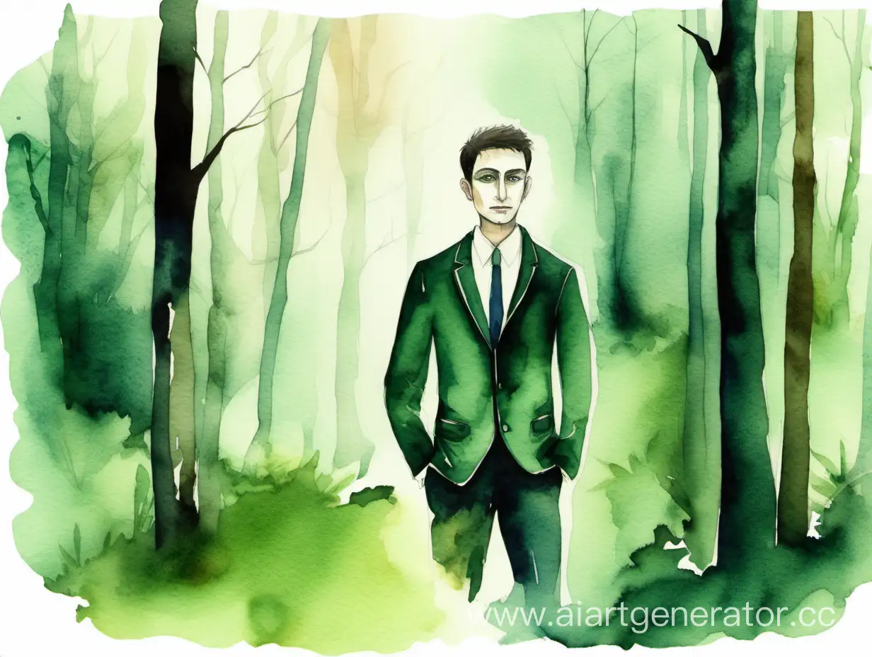 a man in the background of the forest. represents envy. He is facing the camera. The style is watercolor.