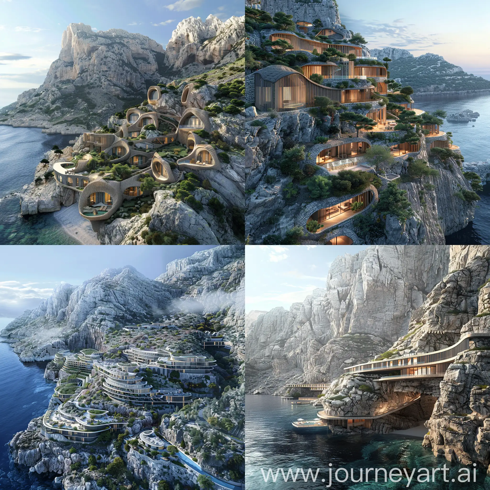 design a hotel in the mountain with 150 rooms and the mountain is surrounded by the sea from all sides