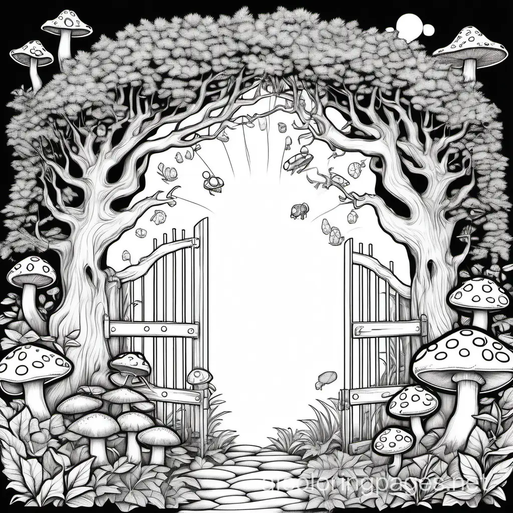 magical garden gate next to an old tree with frogs  and books and mushrooms by it and sun in sky, Coloring Page, black and white, line art, white background, Simplicity, Ample White Space. The background of the coloring page is plain white to make it easy for young children to color within the lines. The outlines of all the subjects are easy to distinguish, making it simple for kids to color without too much difficulty
