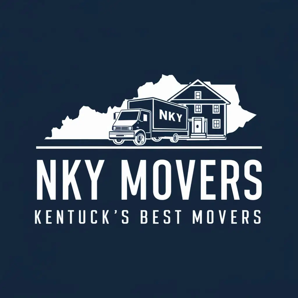 logo, state of Kentucky, box truck, home, with the text "NKY Movers 
Kentucky's best movers", typography