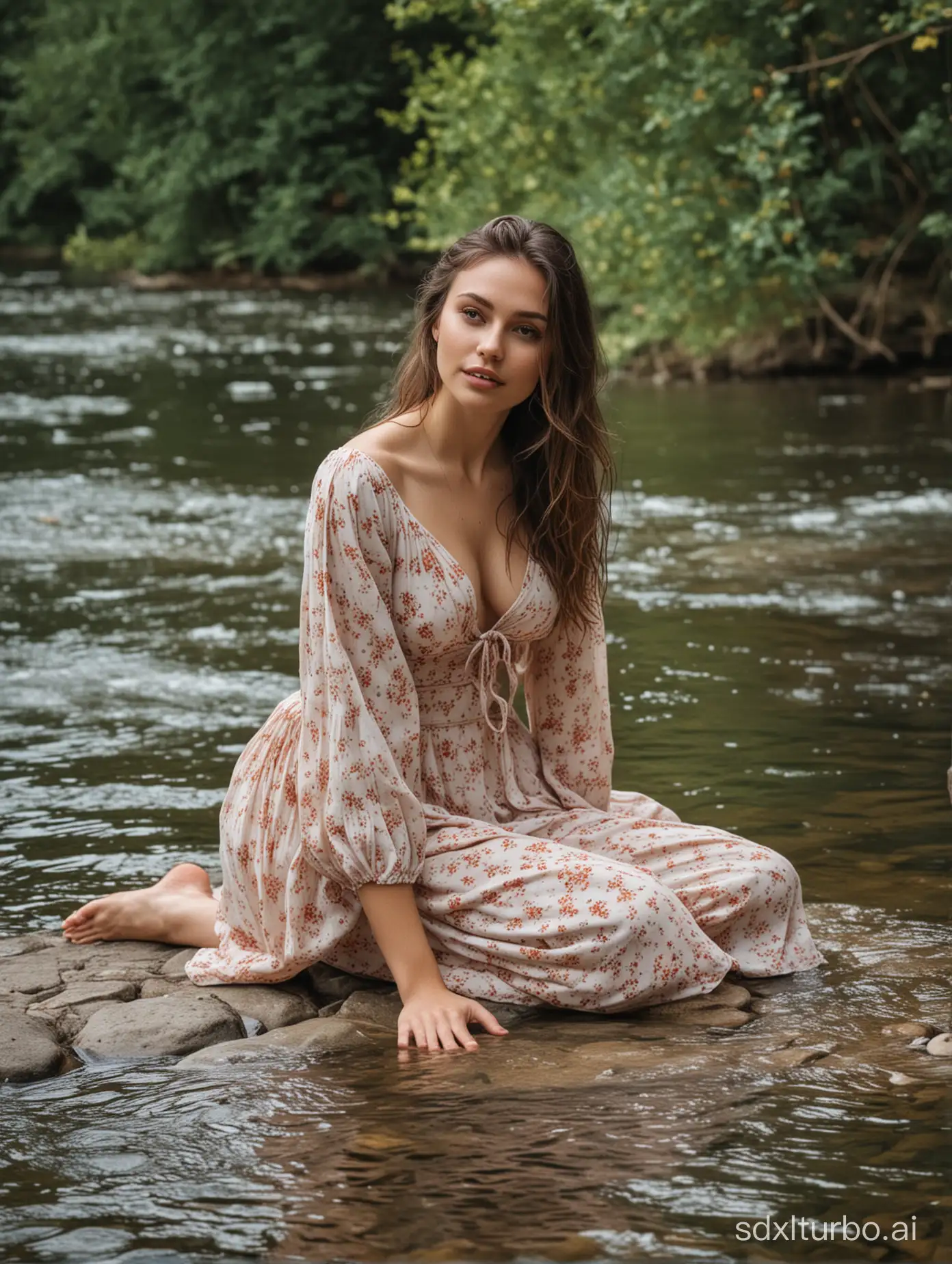 A beauty sits by the river playing in the water