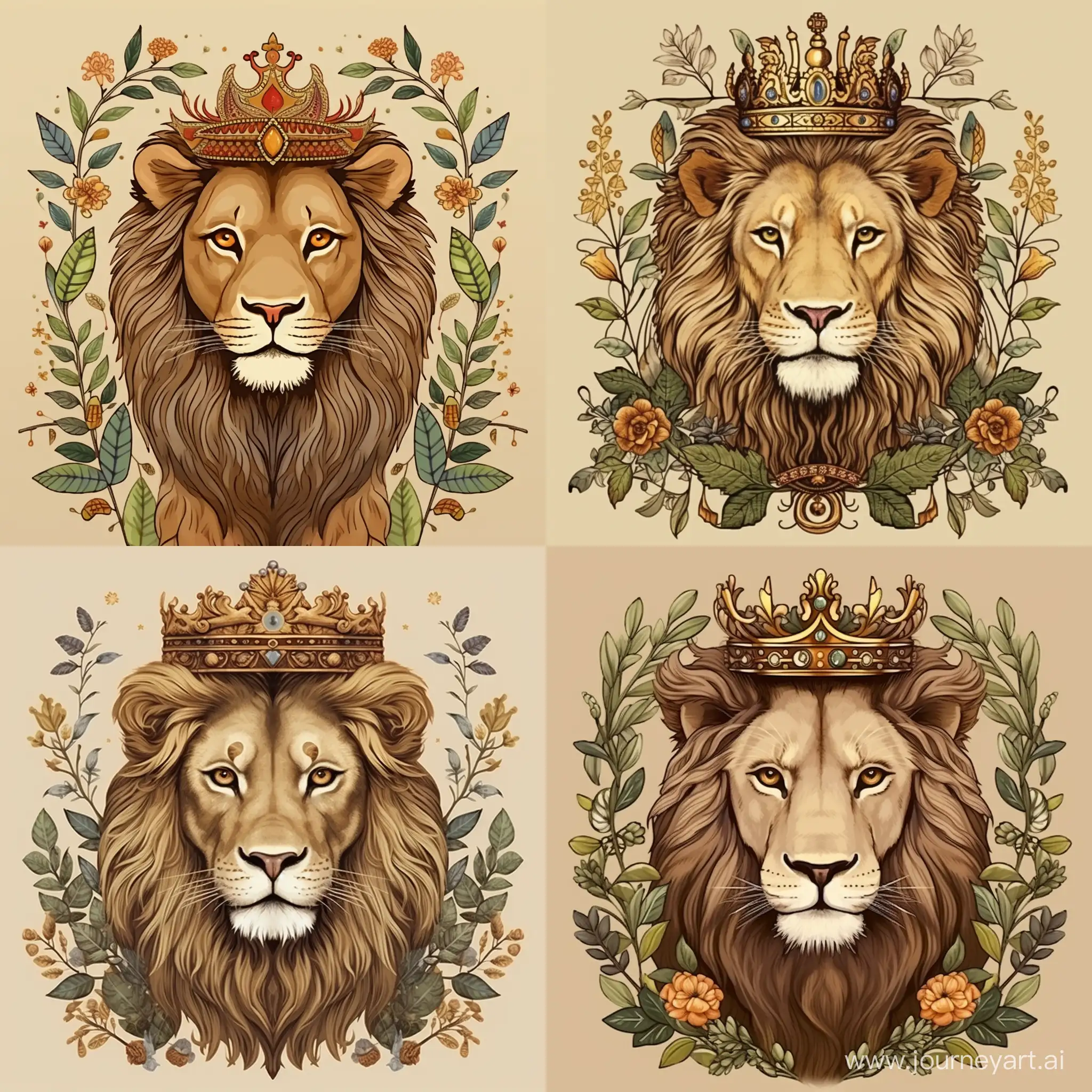 Three-quarter-length portrait of a lion, crown on his head, cartoon style, caricature, on a beige background, pattern of savannah plants, in the style of James Christensen
