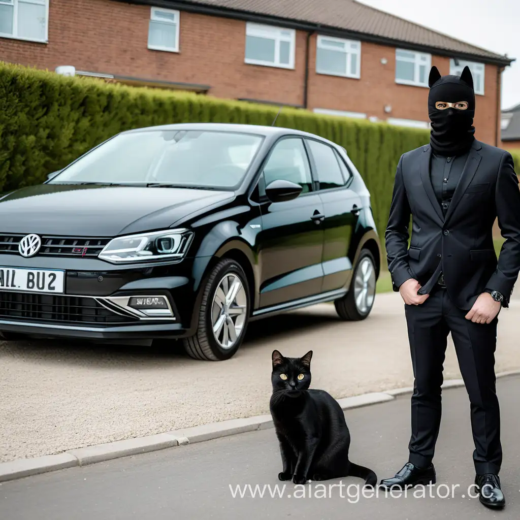 Sleek-Black-Cat-in-Balaclava-Stands-Beside-Black-Volkswagen-Polo