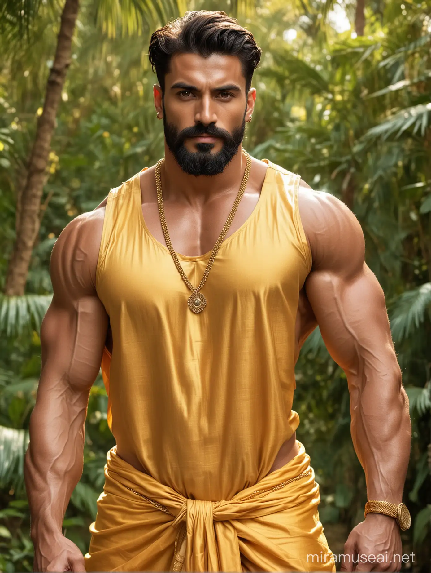 Tall and handsome bodybuilder king with beautiful hairstyle and beard with attractive eyes and Big wide shoulder in golden dhoti with golden necklace and showing his big biceps in jungle