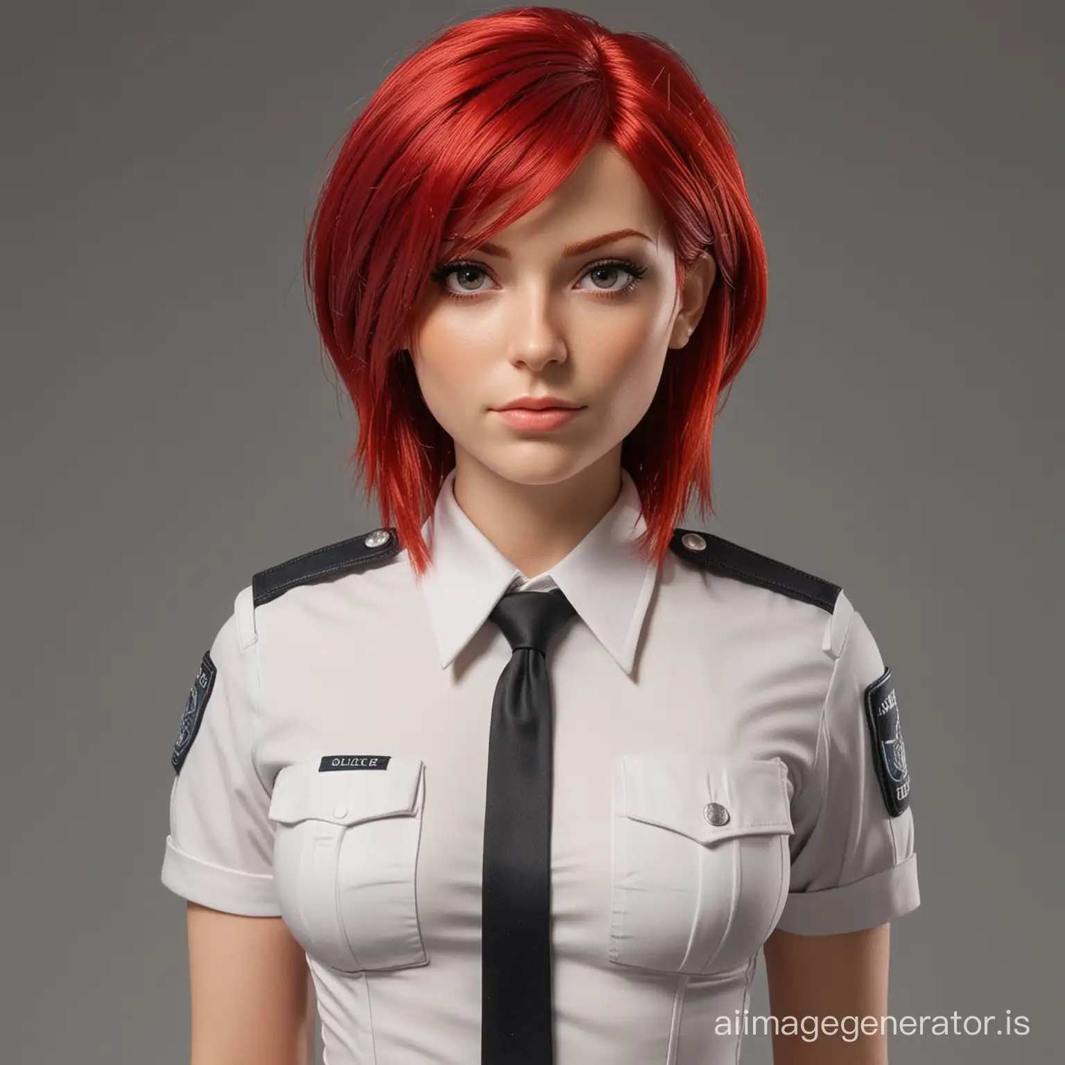 blood red hair,  female police uniform slender build, 34D bust