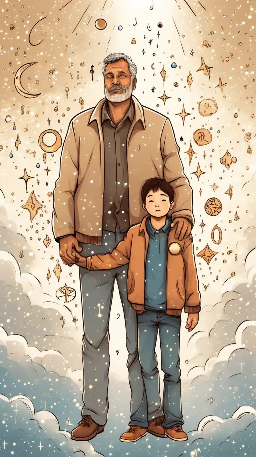 Illustrate a father and mature son standing beneath a  sky,
father puts his hand on his son's shoulder,with different astrological symbols raining down on them, little bit realistic . light beige