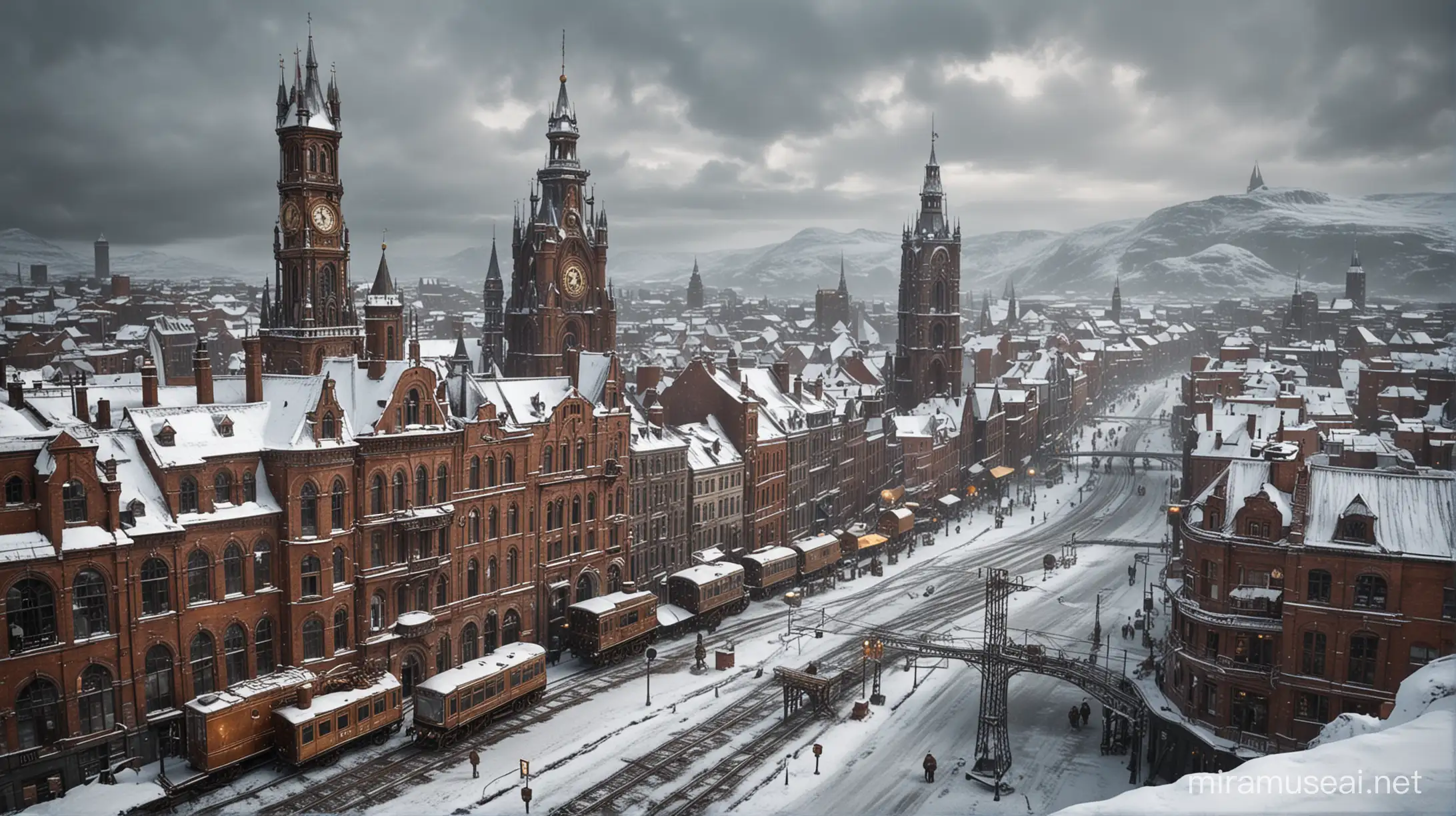 very freezy winter in an empty steampunk city. copper, brass, gold, much ice. hard snow, cloudy.