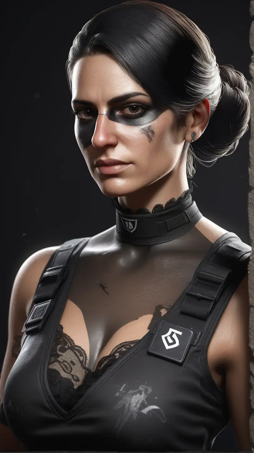 "caveira" from game "rainbow six siege" like a real women , portrait real women, clear face, elegance dress