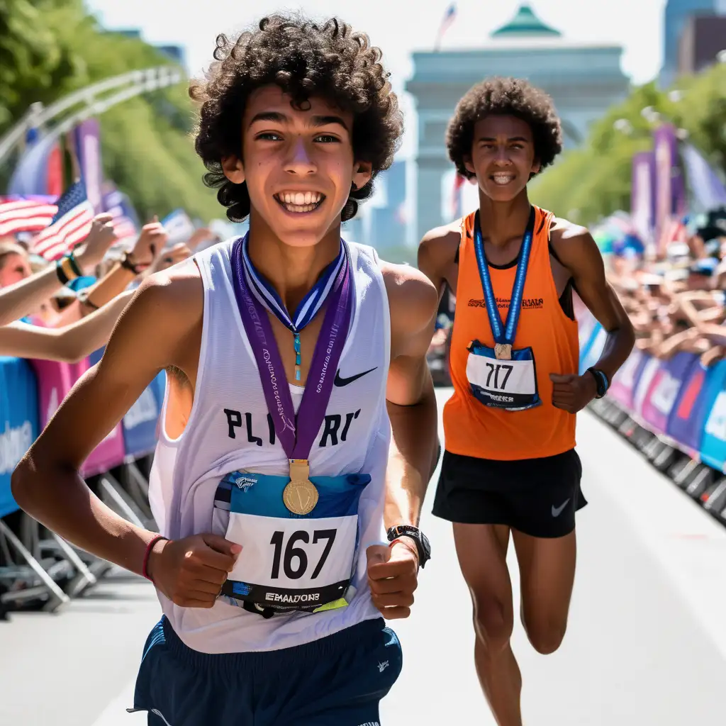 Der 17-jährige Läufer mit schwarzen lockigen Haaren und brauner Haut überquert die Marathon-Ziellinie mit erschöpftem, aber siegreichem Gesichtsausdruck. Seine Muskeln zeugen von Ausdauer, während der Schweiß seine er bekommt von einer frau eine Medaille übergeben