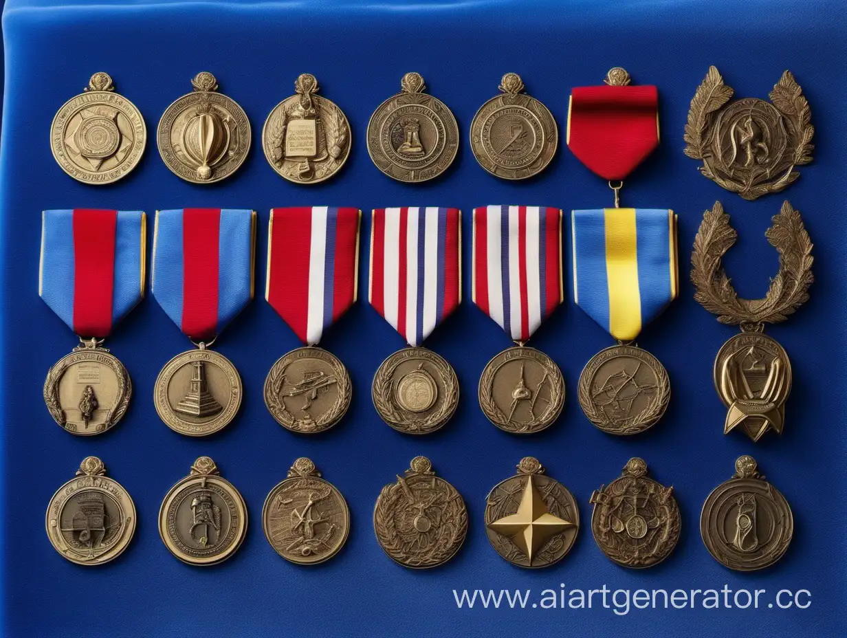 много разных медалей  с государственной символикой силовых структур на синем бархате