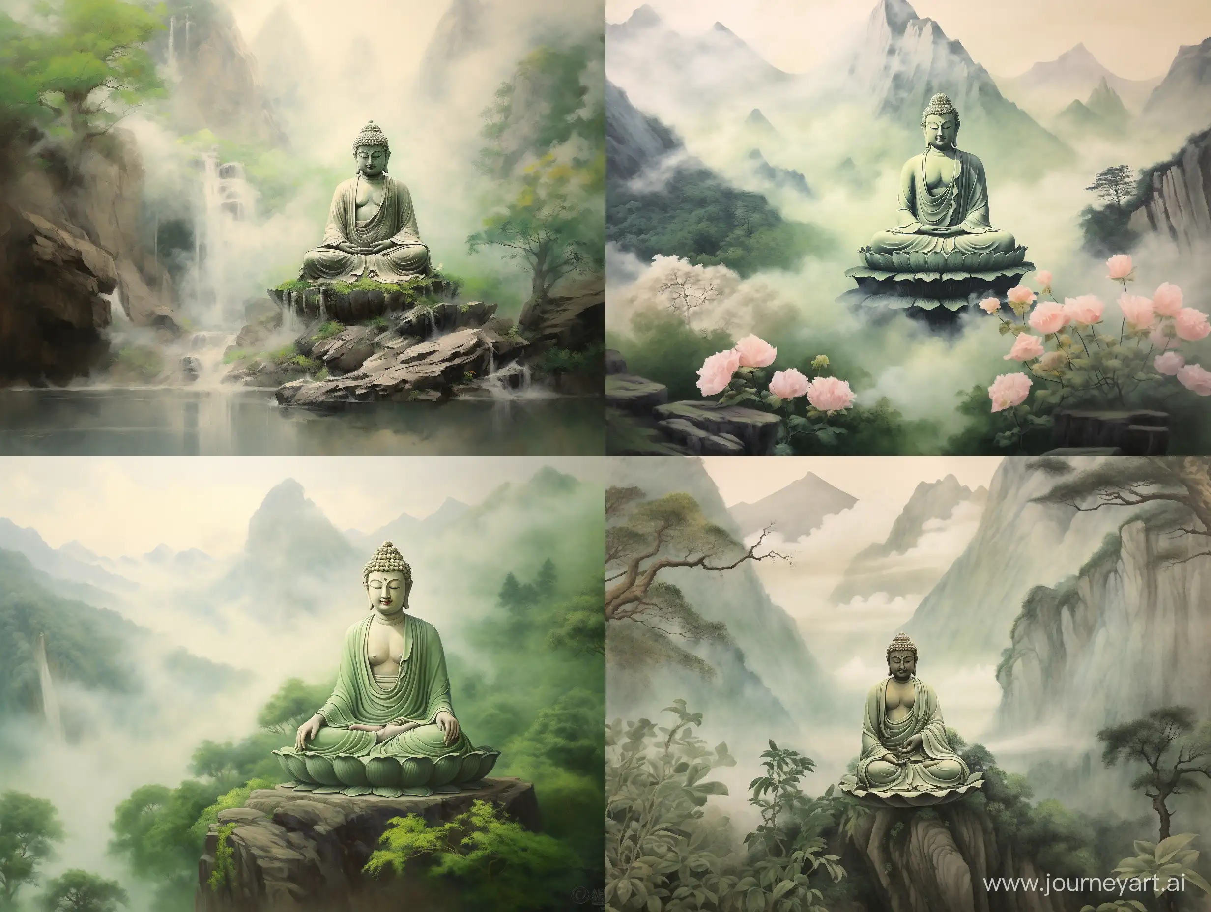 Serene-Buddha-Painting-Full-Body-Meditation-on-a-Mountain-in-Soft-Green-Hues