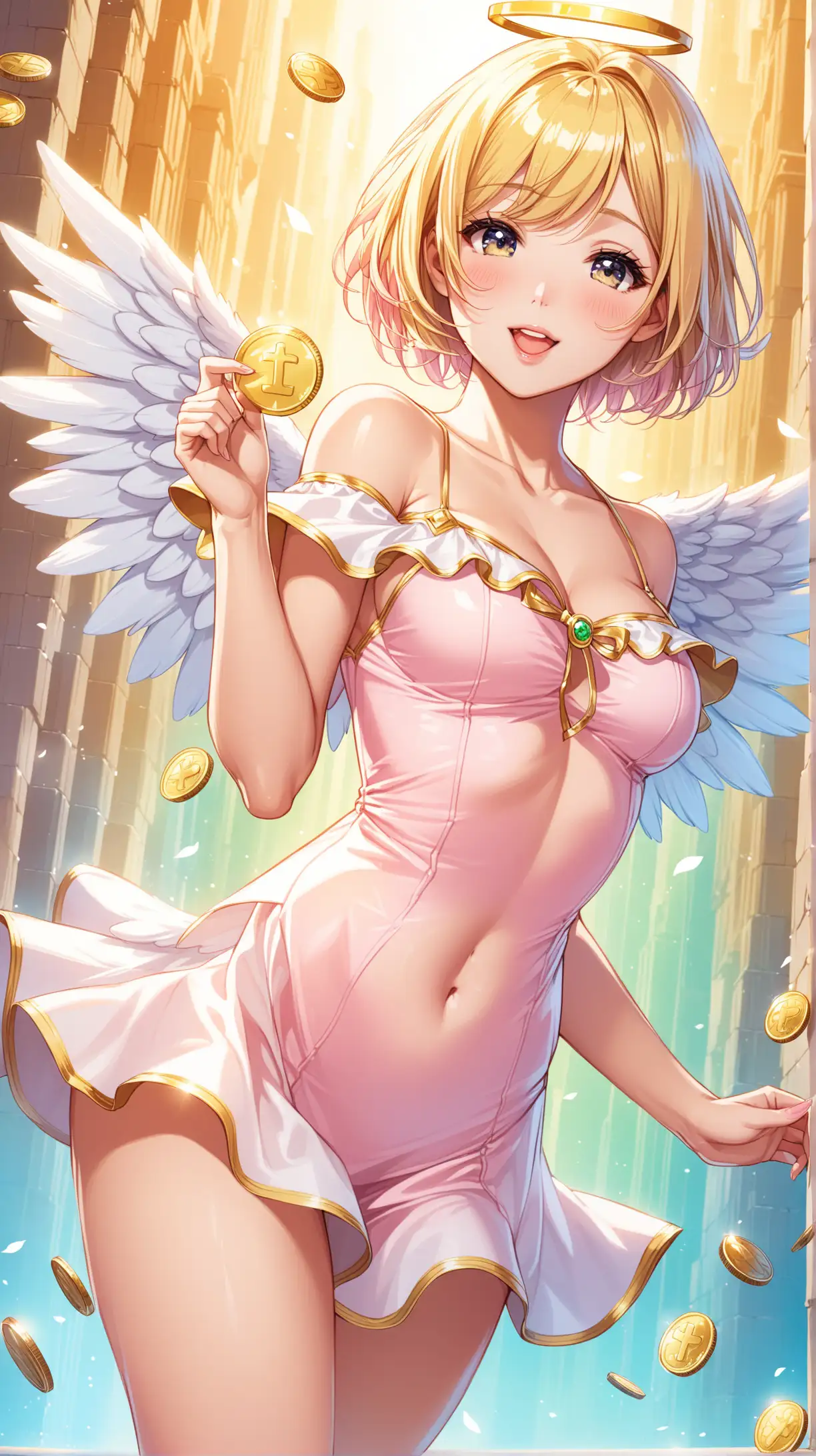 Sexy women carry coin , angel costume, playful, blond short hair, light pink short sexy dress, fantastic background .