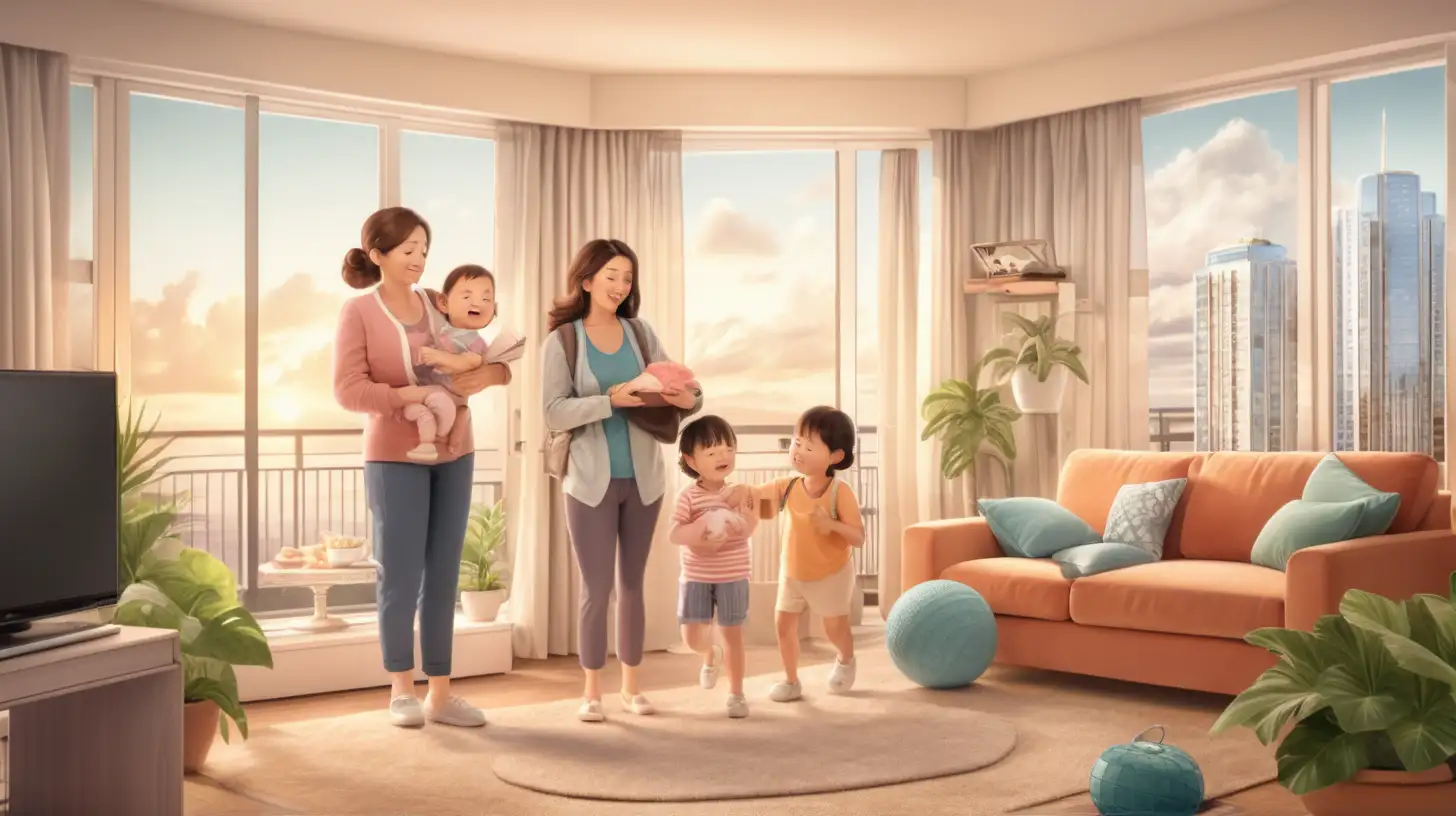 Create an animated image of a average weighed hardworking mother dreams of the family enjoying the facilities and comfort of a condominium. Beautiful spirited background illustrations.