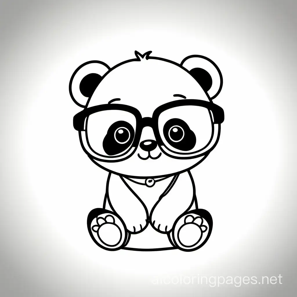 baby panda wearing glasses, Coloring Page, black and white, line art, white background, Simplicity, Ample White Space. The background of the coloring page is plain white to make it easy for young children to color within the lines. The outlines of all the subjects are easy to distinguish, making it simple for kids to color without too much difficulty