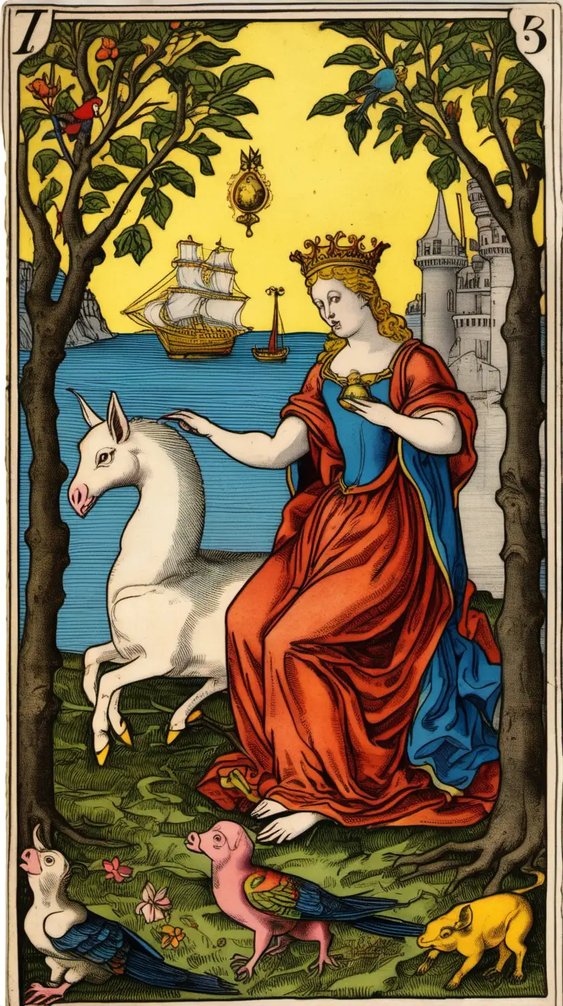 In a Marseille Tarot card, the number 3 is prominent in the upper left corner, Here, the Empress embodies Venus, seated at the foot of a tree, A cupid, taking the form of a pig, gracefully flies around her, The scene unfolds at dawn, with a colorful parrot perched on her shoulder, Nearby, a bowl of ashes rests, while in the background, a majestic castle stands against an icy landscape, Adding to the mystical ambiance, a large sailing vessel graces the horizon