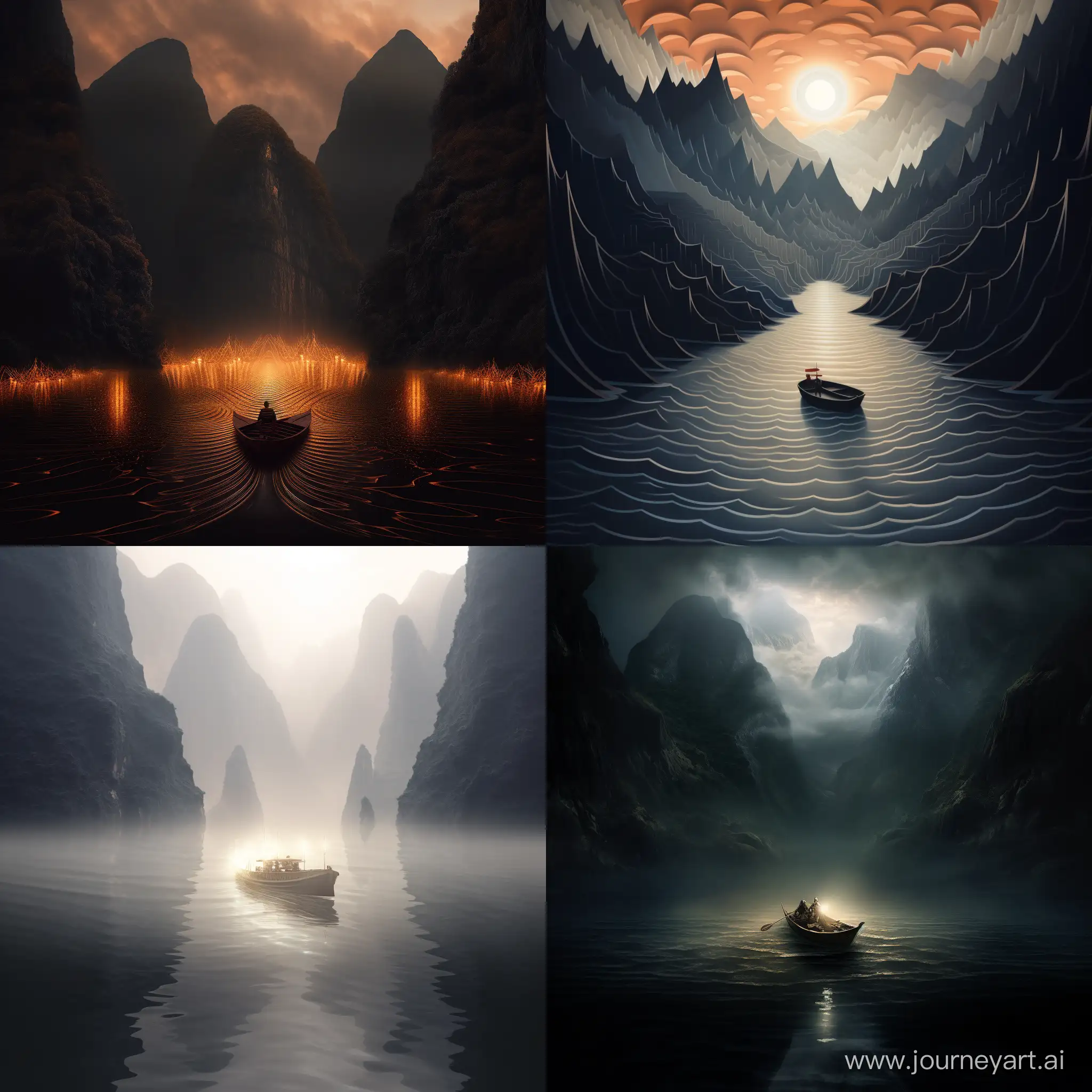Serene-Light-Boat-Journey-through-Mountain-Layers