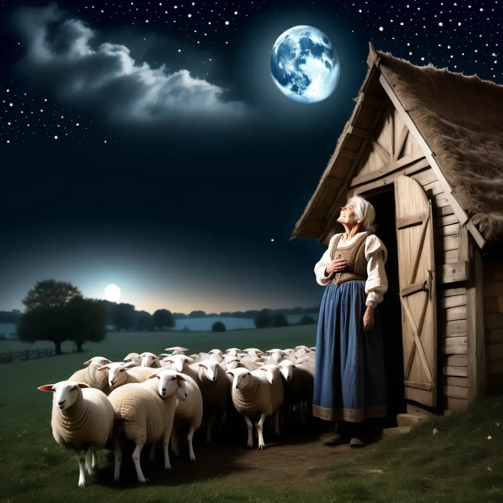 create an image an old medieval woman standing outside her hut, it is night time, she is alone with a sheep in the field, she is wearing traditional medieval dress, she is looking up at the sky in wonder, she can see the moon and stars