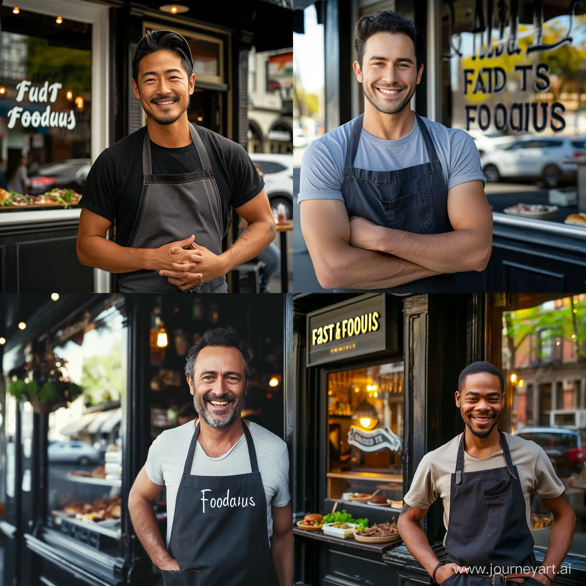 Produce an image , a owner of restaurant named "Fast and Foodious" standing outside of his restaurant