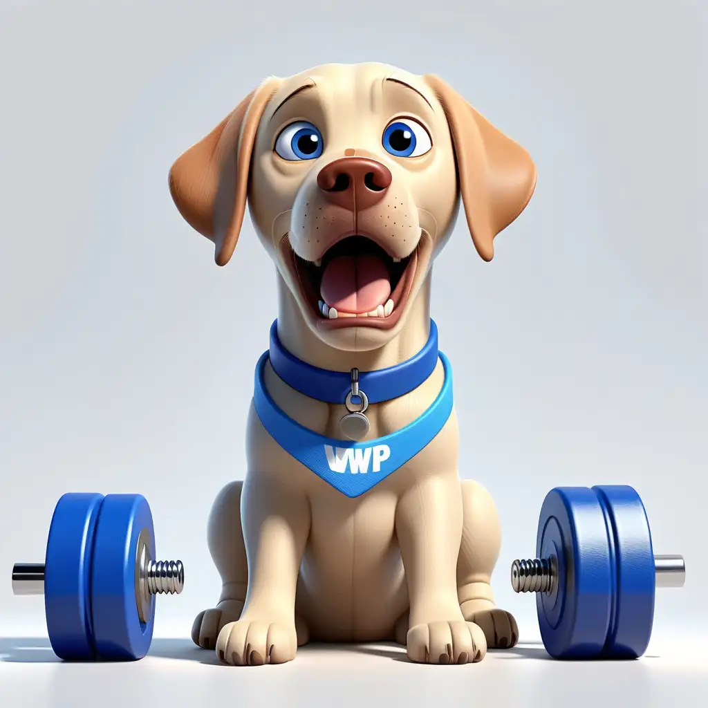 labrador dog in 3d illustration, white background, blue colar on neck with a W on it, pixar style, closed mouth, 100% white background, next to gym weights







