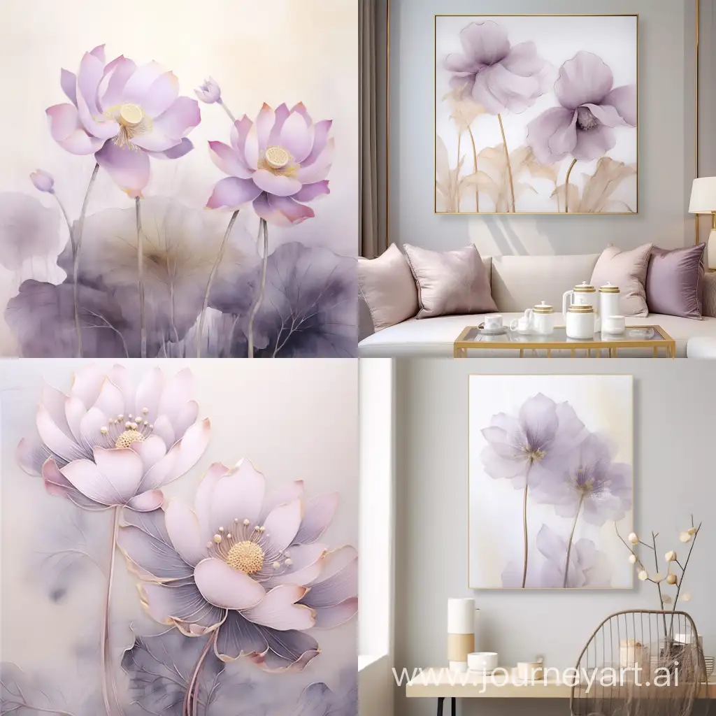 New Chinese painting high definition, flickering light purple lotus flowers watercolor in crystal, earthy tones, golden shimmering golden metallic leaves through fog, 3D abstract