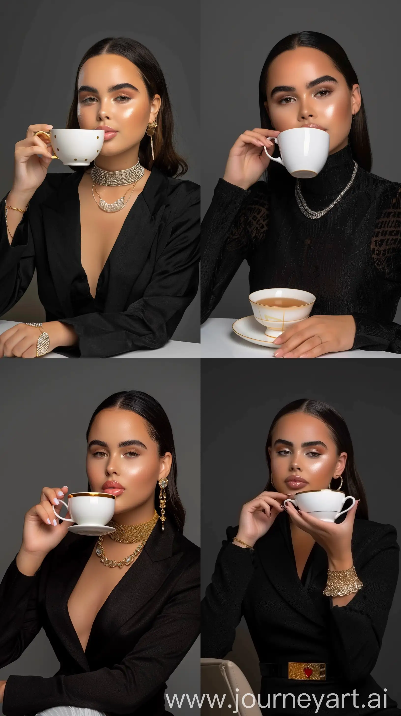 a medium shot of An elegantly dressed woman sipping a cup of tea in a studio photo, boss poses --cref https://cdn.discordapp.com/attachments/997271750368833636/1222271417341448372/expert_upscayl_4x_realesrgan-x4plus.png?ex=66159bf6&is=660326f6&hm=fd529ad60032841a143c643f35d7df741f1871c8aab34df177eaea3bf4865b9c& --sref https://i.pinimg.com/564x/e3/a4/ca/e3a4caf3872ee031b32a7844ae0c74ab.jpg --style raw --ar 9:16 --v 6 --cw 0