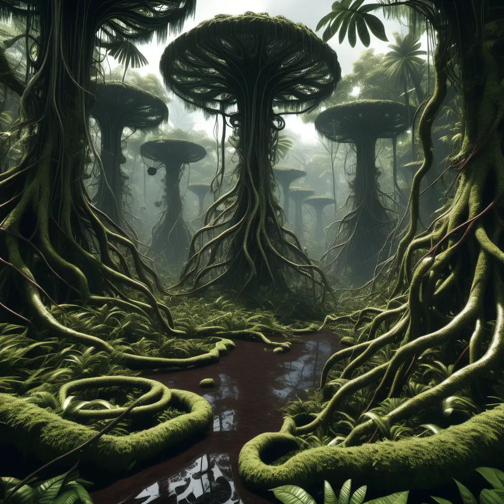 Stranded deep in an extremely dense and dark rainforest with warped bionic trees not from this planet, some with vines that resemble cables and various plants of different species and sizes around them. Ground is covered with thick roots that is partially mossy.