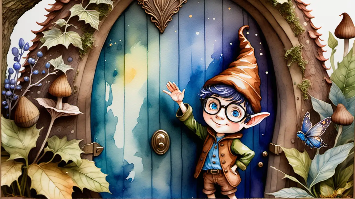 A watercolour fairytale painting. In a fairy garden.  A darkhaired, blue eyed male pixie in a brown acorn hat wearing glasses waves goodbye from the door 

