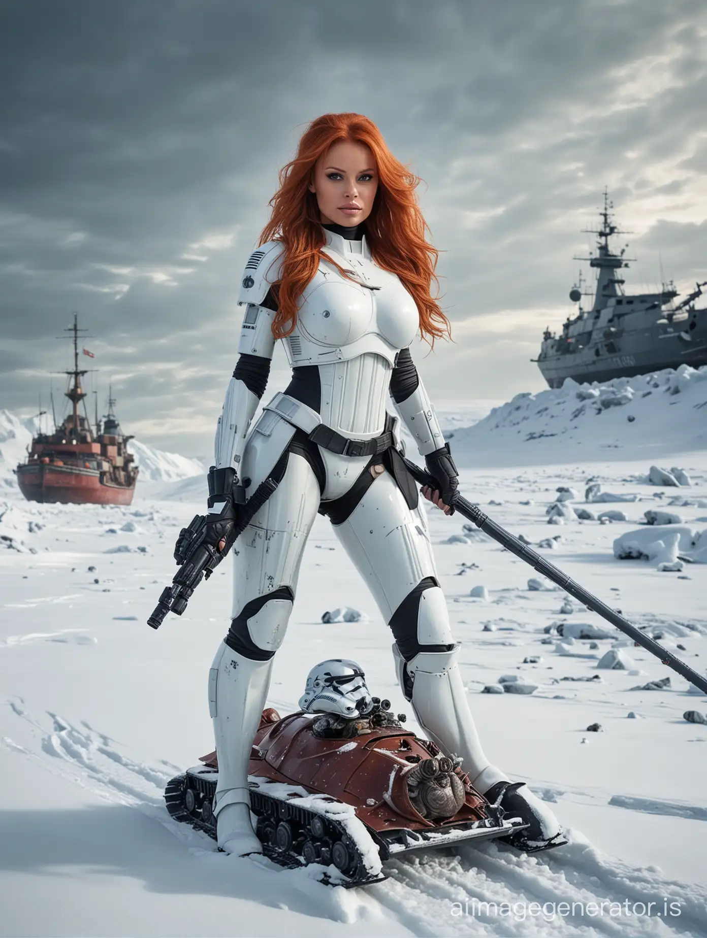 Fantasy-Scene-Epic-Battle-with-Pamela-Anderson-Riding-SnailPulled-Sled-in-Stormtrooper-Armor