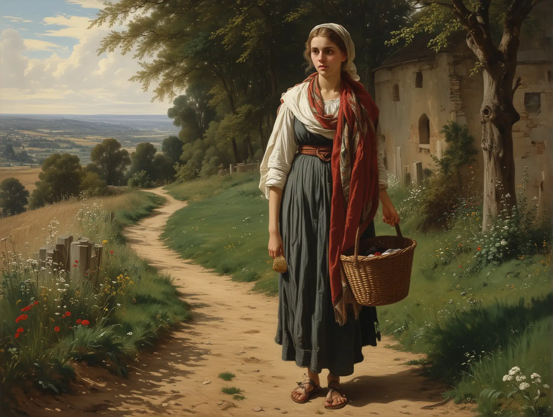 Romantic Young Girl in Open Countryside Carrying a Wicker Basket