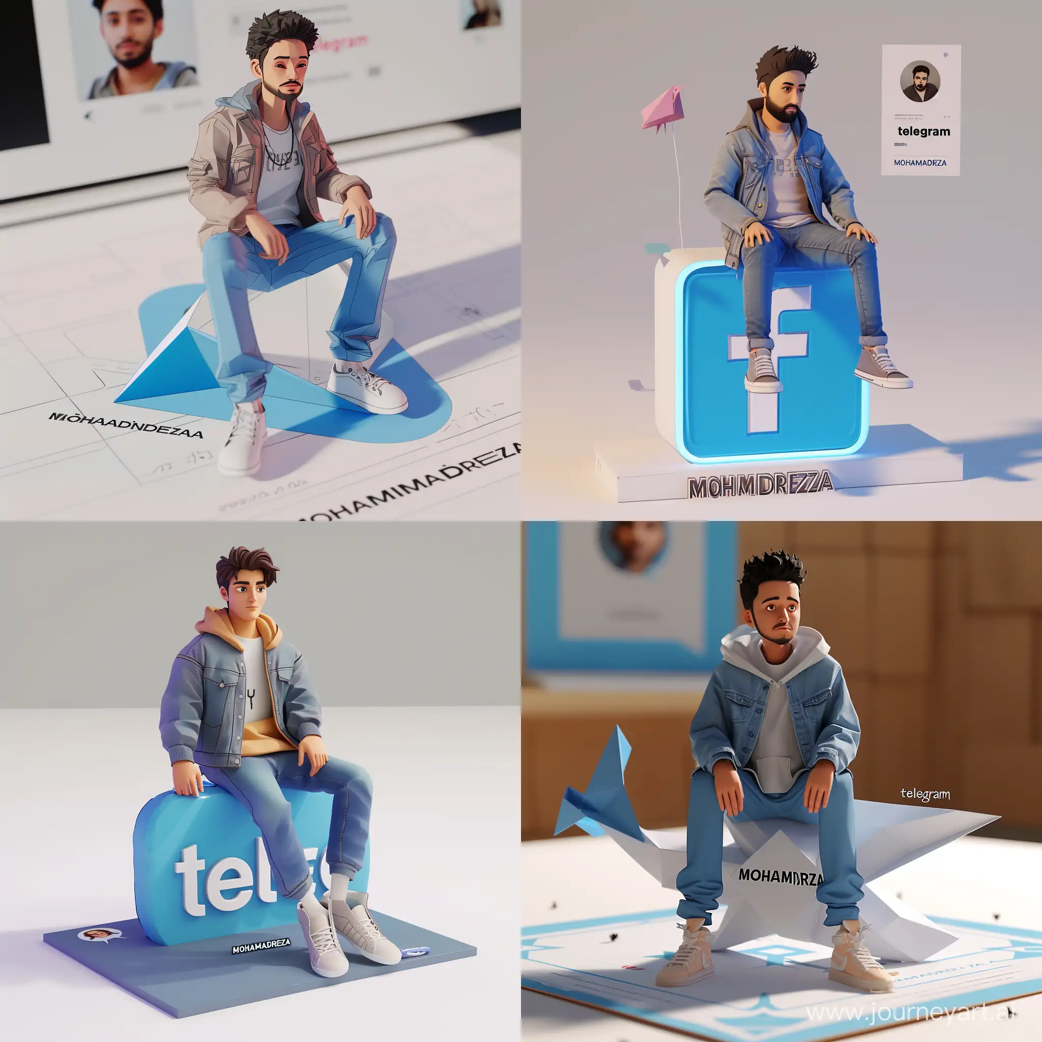 Create a 3D illustration of an animated character sitting casually on top of a social media logo”telegram”. The Character must wear casual modern clothing such as jeans jacket and sneakers shoes. The background of the image is a social media profile page with a user name “MOHAMMADREZA” And a profile picture that match.