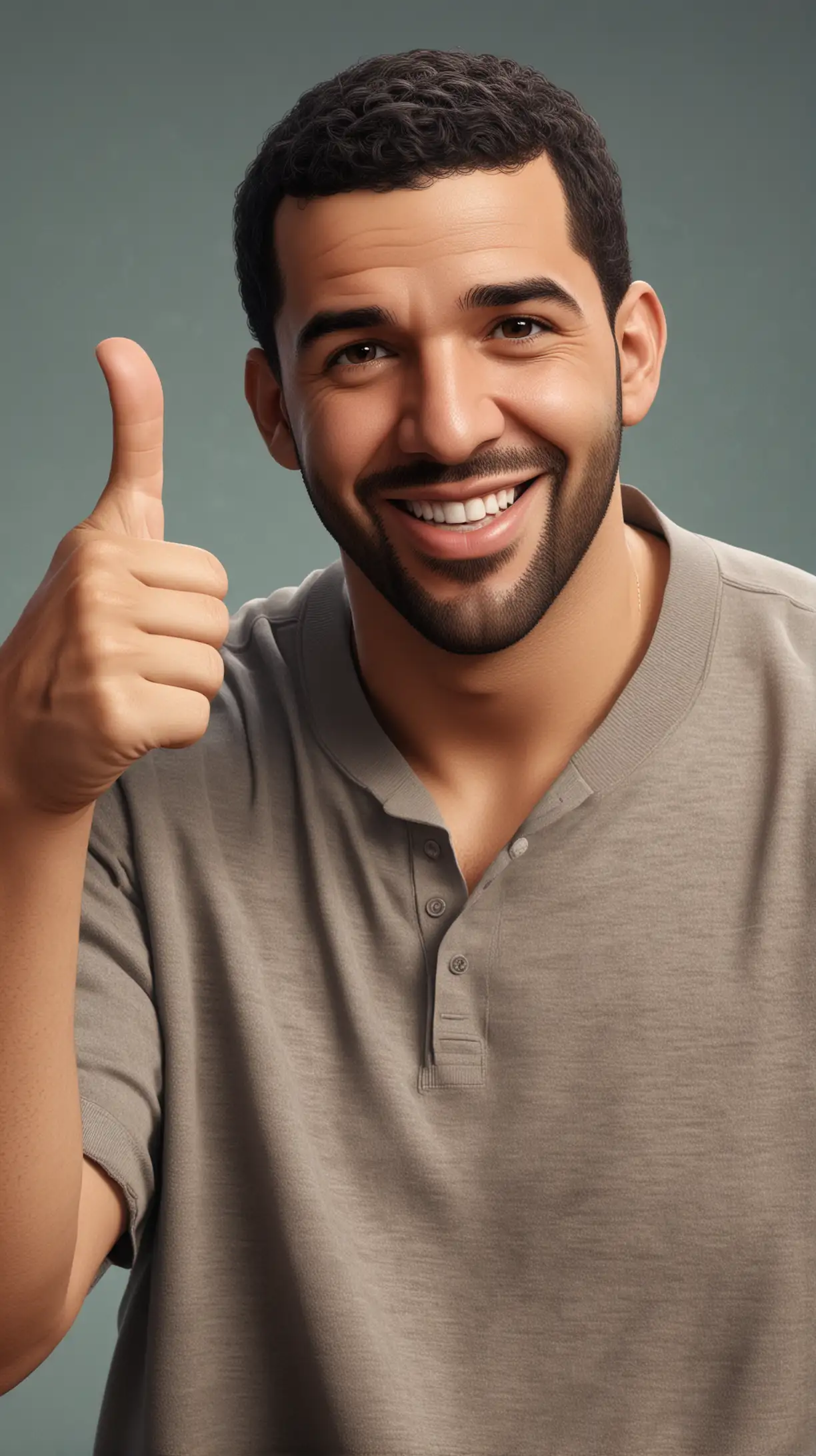 A realistic image of Drake holding his thumbs up to the camera. With a smirk on his face. 
