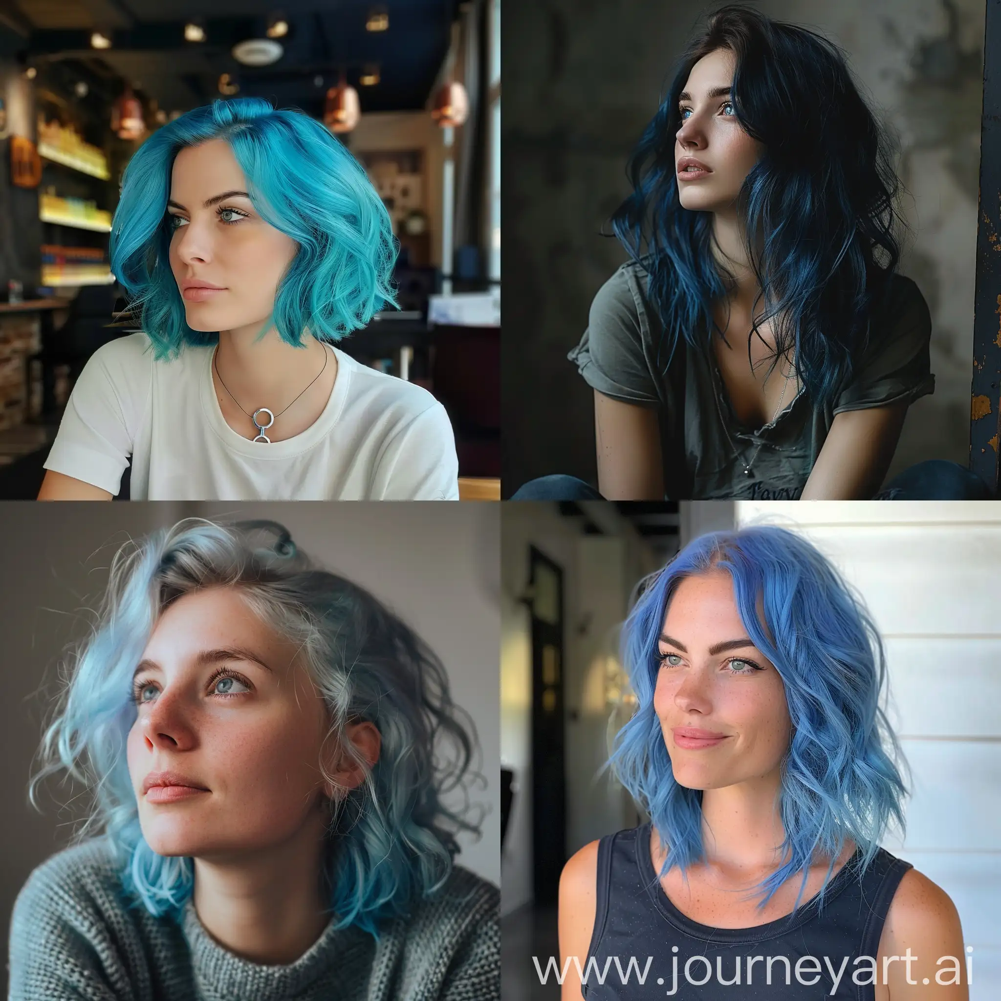 bleu hair waiting woman
